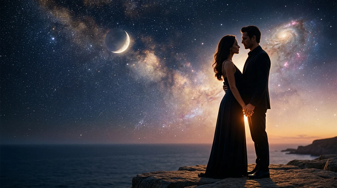Casal sob um ceu estrelado em um guia visual sobre alma gemea e Amoragemea