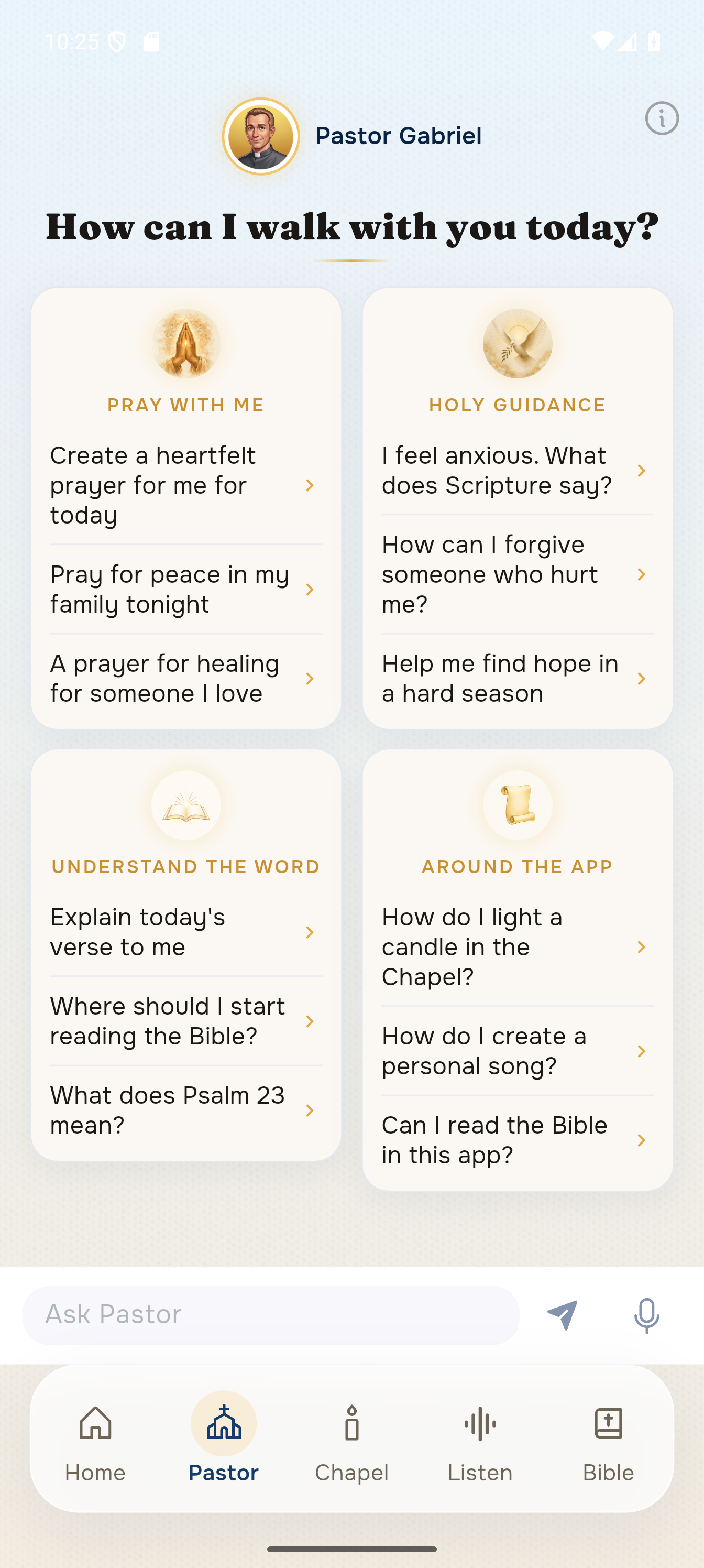 Pray Bible app: Chat with Pastor AI. Scripture-rooted support for the questions on your heart.