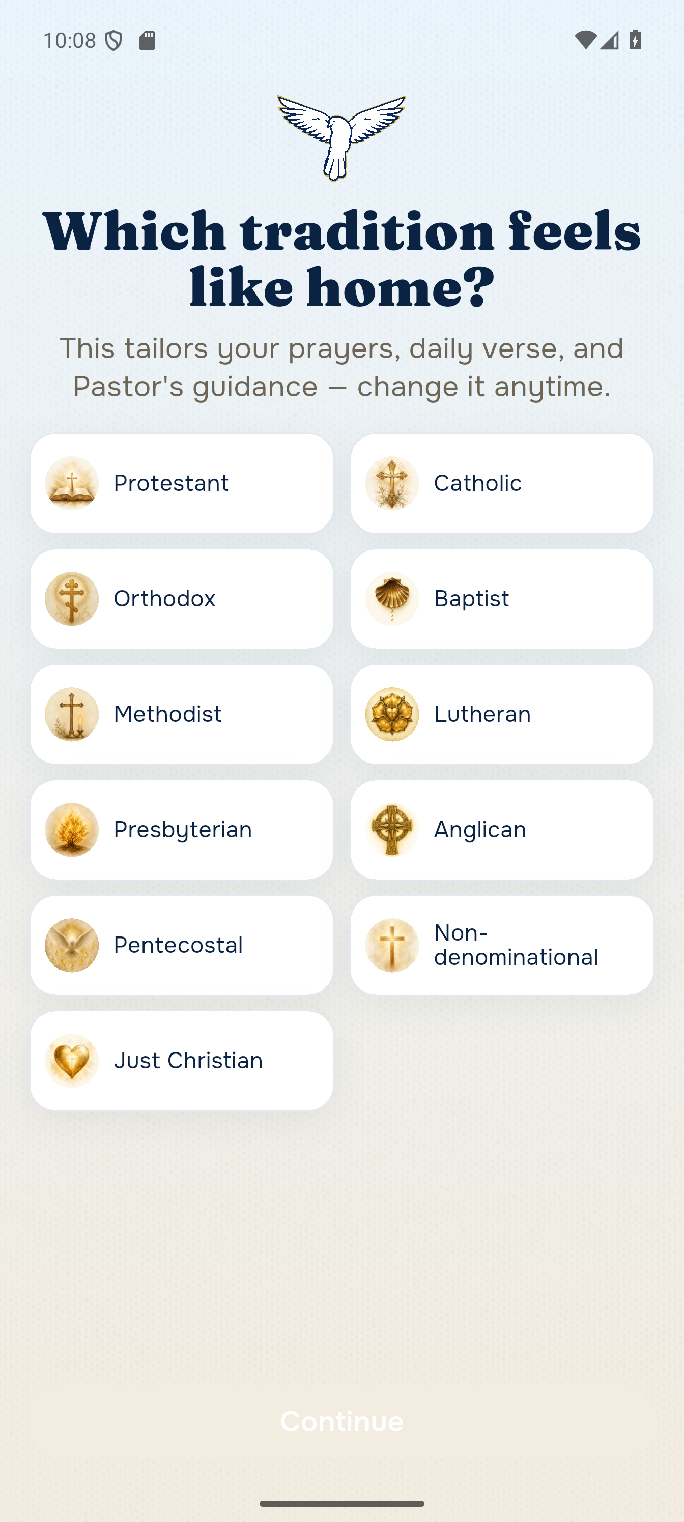 Pray Bible app: Your Christian tradition. Choose the Christian background that guides your experience.